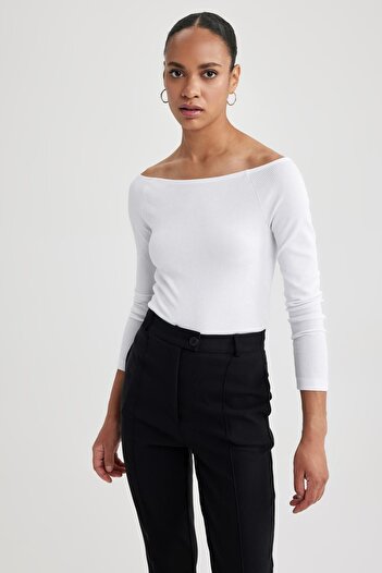 DeFacto Long Sleeve Slim Fit Boat Neck T-Shirt - Ribbed Camisole B0393ax23au