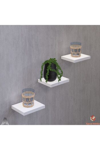 Egecan Mobilya White Flying Wall Shelf 3 Pieces Decorative Shelf Flower Pot Candle Holder Decorative Flower Pot