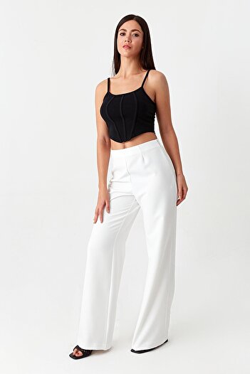 Select Moda Kadın Beyaz Beli Lastikli Geniş Paça Pantolon