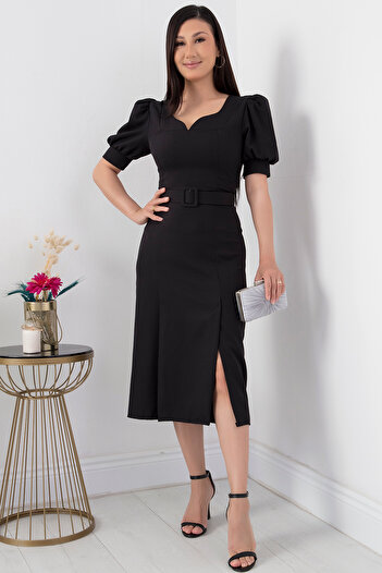 PULLIMM Short Sleeve Dress with Sweetheart Neck Slit Detail - JNL2127