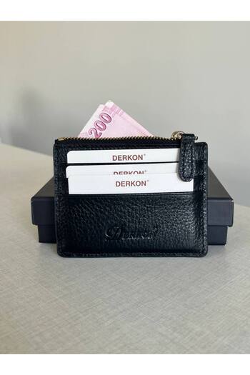 DERKON Black Genuine Leather - Women's and Men's Wallet with Coin, Container and Zipper