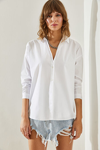 Bianco Lucci Women's Fit Cut Shirt - Basic Sleeve Fold Detail,60251348