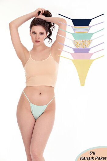 Sensu Set of 5 Patterned Brazilian Thong Panties - Assorted Colors - Kts3023