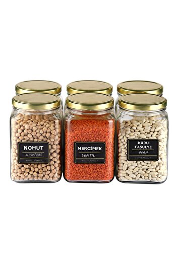 Karçiçeği Home 850Cc Cornered Labeled Glass Spice and Condiment Jar with 6 Gold Lids