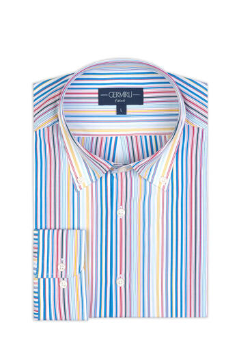 Germirli Thomas Mason Yellow Red Blue Striped Tailor Fit Cotton Shirt - Buttoned Collar