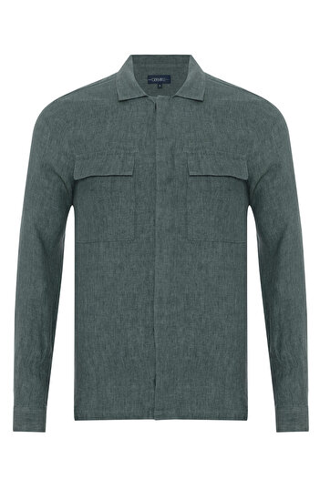 Germirli Green Linen Tailor Fit Jacket - Hidden Button and Delave Detailed Shirt
