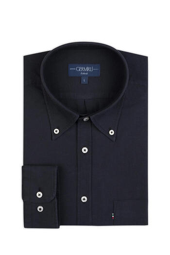 Germirli Black Single Pocket Oxford Sports Shirt - Button Collar Cotton