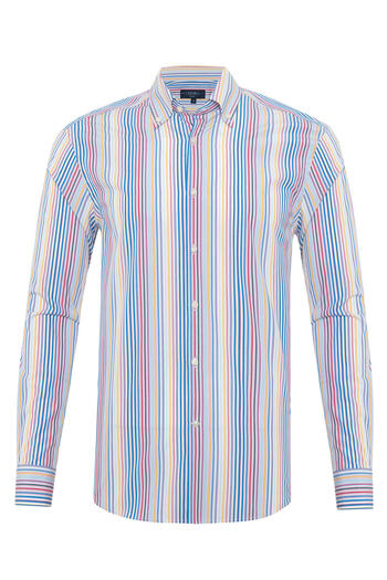 Germirli Thomas Mason Yellow Red Blue Striped Tailor Fit Cotton Shirt - Buttoned Collar