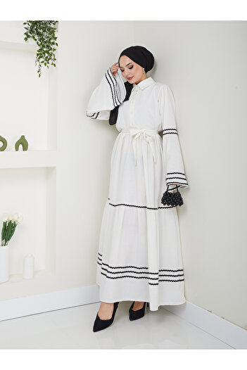 VOLT CLOTHİNG Kadın Regular Kalıp Keten Tesettür Elbise