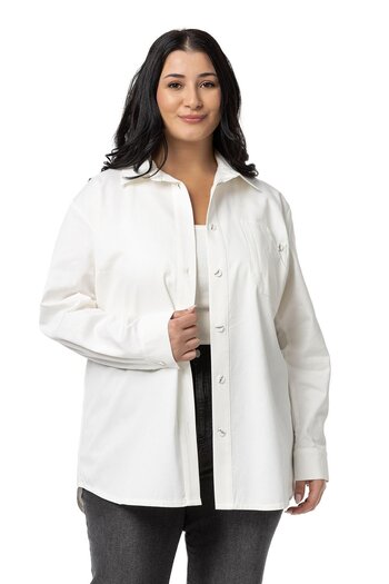 DISENTIS MODEST White Gabardine Jacket - Plus Size, Pocket Detailed Shirt