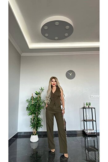 TANE TASARIM Khaki Green Top and Bottom Set 024