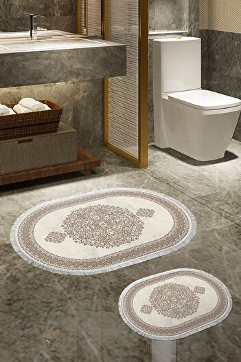 Alanur Home Αντιολισθητική βάση Alanur Trend Οβάλ Ψηφιακό Σετ Μπάνιου με Φράντζα Καφέ