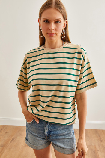 Olalook Stone Green Striped Oversize Women's T-Shirt - TSH-19000824