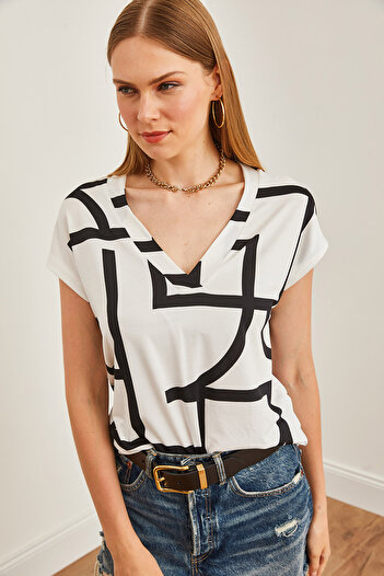 Olalook White Geometric V-Neck - Patterned Bat Blouse BLZ-19002681