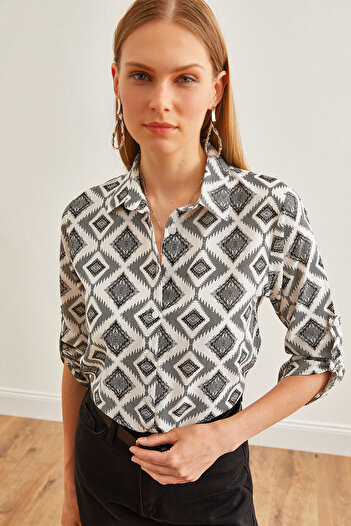 Olalook Black Linen Shirt - Diamond Pattern, Sleeve Fold, GML-19000825