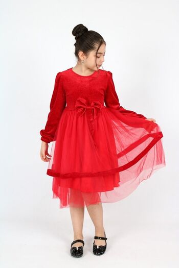 Asortik Kids Asortik Girl's Velvet Fabric Tulle Detailed Knee Length Buckle Dress