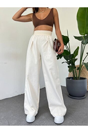 buqre's moda Women's High Waist Rubber Detailed Linen Wide Leg Pants Cream