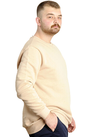 ModeXL Mode Xl Büyük Beden Erkek Sweathirt Bisiklet Yaka Nakışlı Sweat 23525 Bej