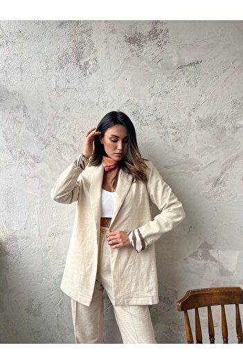 minaaise Zebra Detailed Flamed Linen Jacket - Unlined Sleeve, 25285