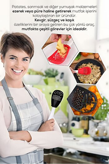Vienev Anthracite Colored Multifunctional Potato Garlic Masher Colander Spoon