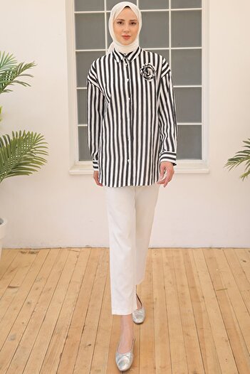 benguen 2094 Black Striped Shirt with Rose Accessories