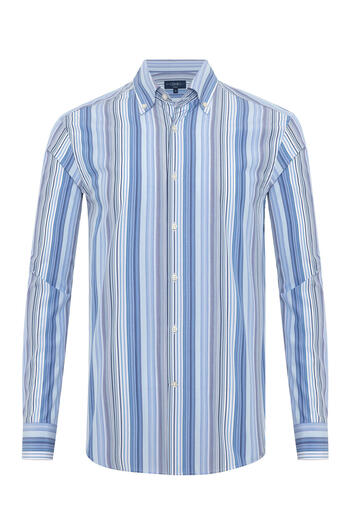 Germirli Thomas Mason Blue and White Striped Cotton Shirt - Button Collar, Tailor Fit