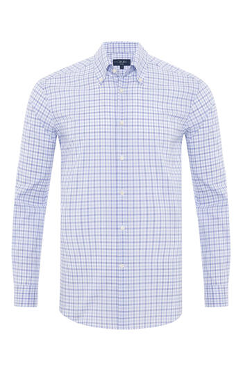 Germirli Journey Blue Plaid Tailor Fit Cotton Shirt - Buttoned Collar