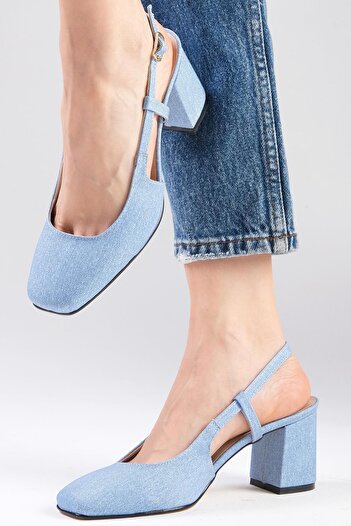 Mio Gusto Belinda Blue Color Open Back Denim Fabric Blunt Toe Women's Heeled Jeans Shoes