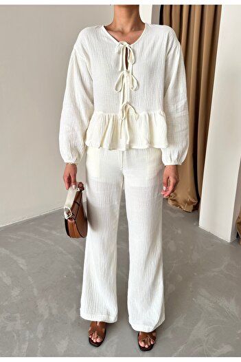 Laluvia White Frilly Shirt and Trousers Set - Front Tie Detail