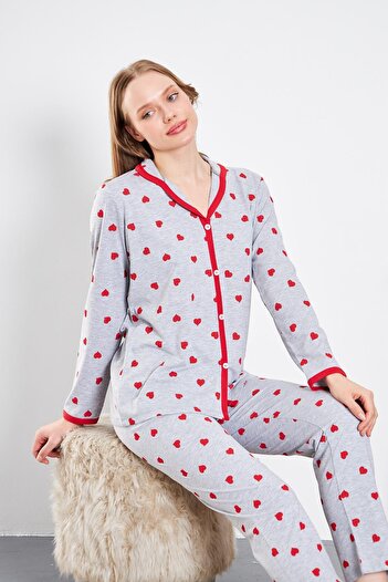 LİVE SPORT Women's Metrating Look Heart Patterned 100% Cotton Knitted Pocketless Pajama set