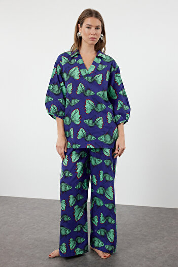 Trendyol Collection 100% Cotton Fish Patterned Blouse and Pants Set - TBESS24AU00070