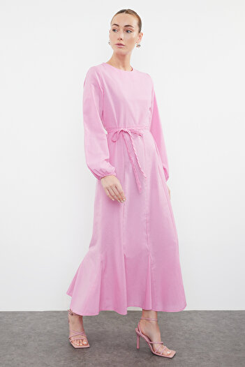 Trendyol Modest Βαμβακερό ροζ ζωσμένο φόρεμα - TCTSS24EB00168