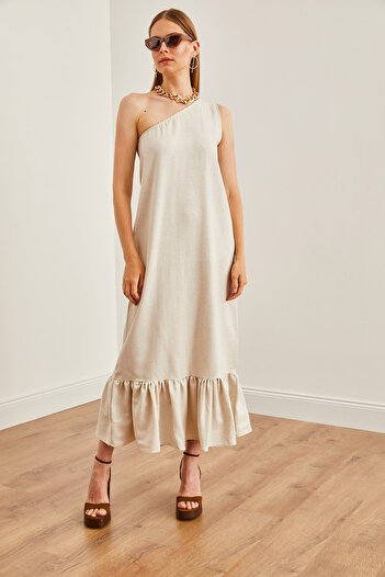 Olalook Stone Color Single Shoulder Ruffle Linen Dress - ELB-19002197
