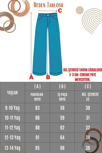 Asortix Kız Çocuk Kargo Cep Detaylı Yüksek Bel Wide Leg Kot Pantolon
