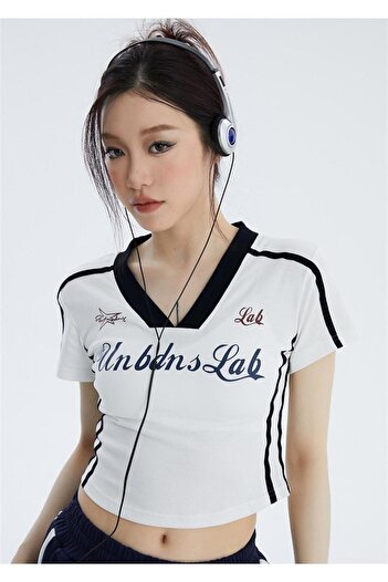 Touz Moda Y2k V-Neck ριγέ λευκό περικοπή