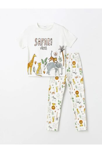 LC Waikiki LCW Kids Girl's Crew Neck Printed Short Sleeve Pajamas Set