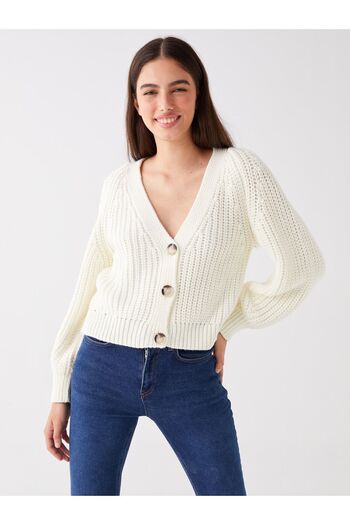 LC Waikiki Long Sleeve V-Neck Patterned Women's Knitwear Cardigan