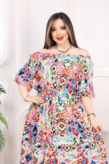 vividbutik Patterned Dress with Elastic Collar and Belted
