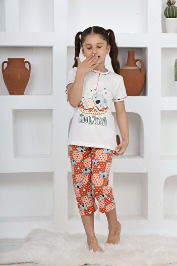 KAPİKİDS Ecru Girl's Pajama Set - Short Sleeve, Capri Button, Placket Kuala Printed