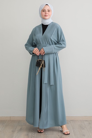 InStyle Mint Colored Long Abaya - Neck Pleated Detailed