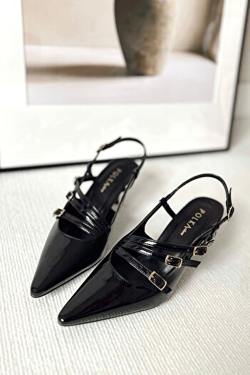 POLKA STORE Blossom Pointed Toe Three-Stripe Buckle Black Patent Leather Heeled Women's Shoes