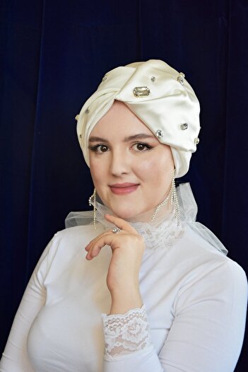 ARTİZİA stonework detailed unfilled islamic bridal cap, ready turban, shawl and veil tulle