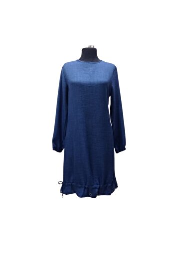 ZY BUTİK Navy Blue Long Sleeve Thin Linen Tunic - Gather Detailed Skirt