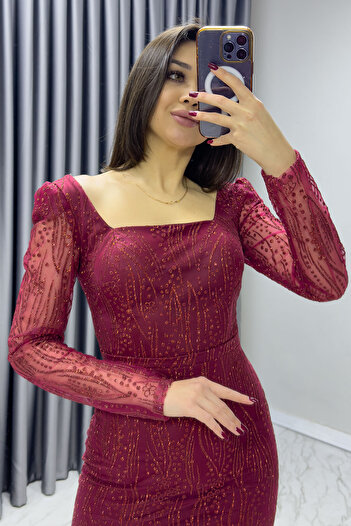 zks grup tekstil Kadın Kare Yaka Simli Uzun Kol Midi Abiye Elbise  Beyaz,Bordo,Gold,Pudra
