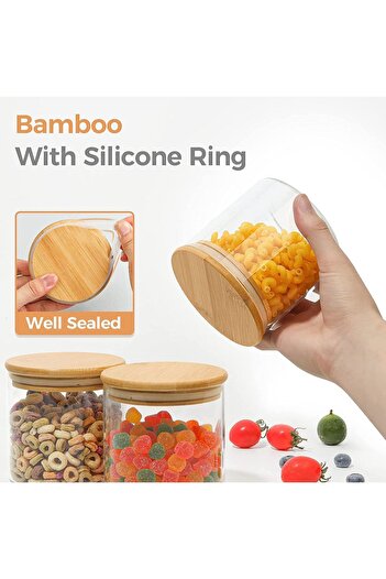 Karçiçeği Home 6-Piece 400 ml Glass Jar with Bamboo Lid, Transparent Airtight Food Storage Container Jar