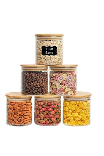 Karçiçeği Home 6-Piece 400 ml Glass Jar with Bamboo Lid, Transparent Airtight Food Storage Container Jar