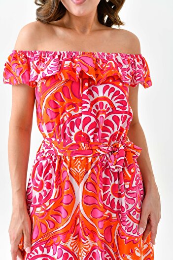 lovebox Madonna Collar and Belted Flounced Patterned Midi Women's Dress - 12503