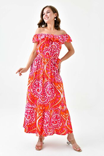 lovebox Madonna Collar and Belted Flounced Patterned Midi Women's Dress - 12503