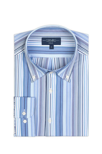 Germirli Thomas Mason Blue and White Striped Cotton Shirt - Button Collar, Tailor Fit