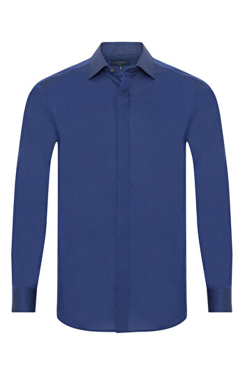 Germirli 701 Model Tailor Fit Saks Blue Cotton Shirt - Hidden Placket, Classic Collar